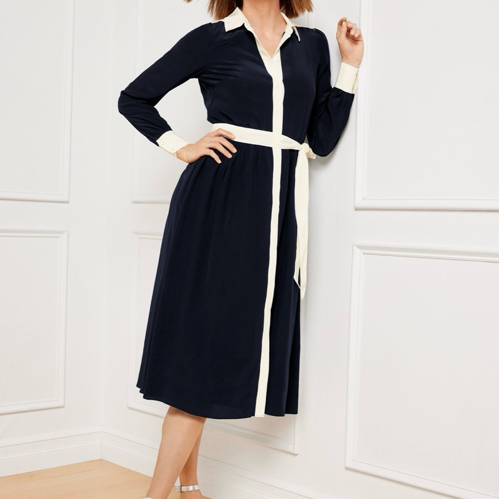 Talbots Elegant Navy and Cream Long Sleeve Dress NWOT - Picture 4 of 13